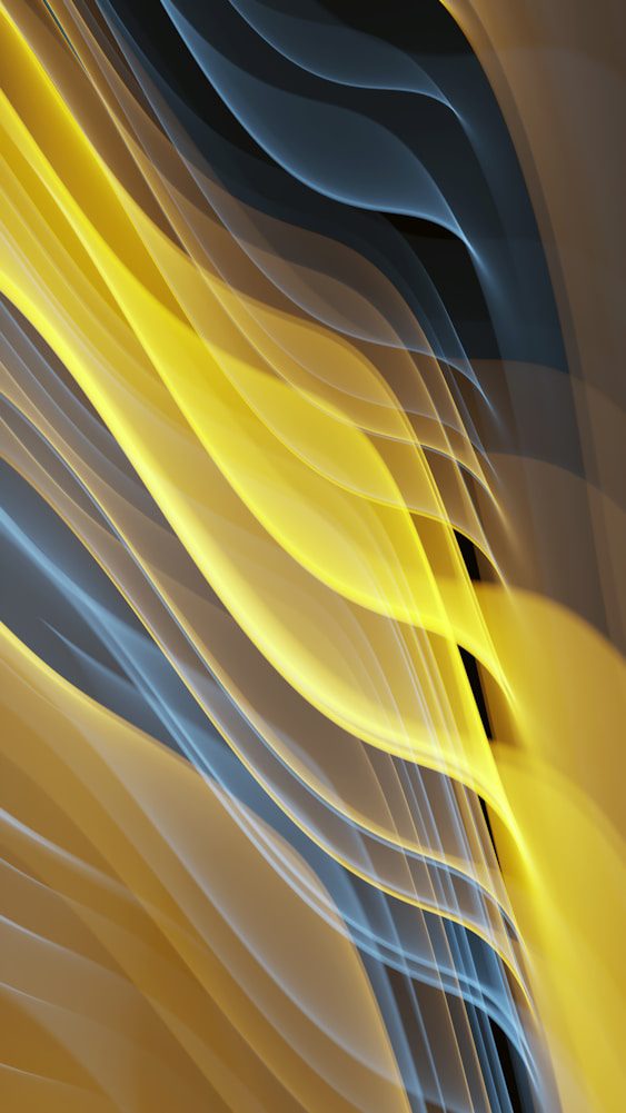 Flowing abstract waves in shades of yellow, blue, and black create a dynamic, fluid pattern against a dark background.