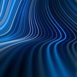 Curving lines in various shades of blue create a flowing wave pattern against a dark background.
