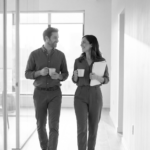 man and woman walking down hallway