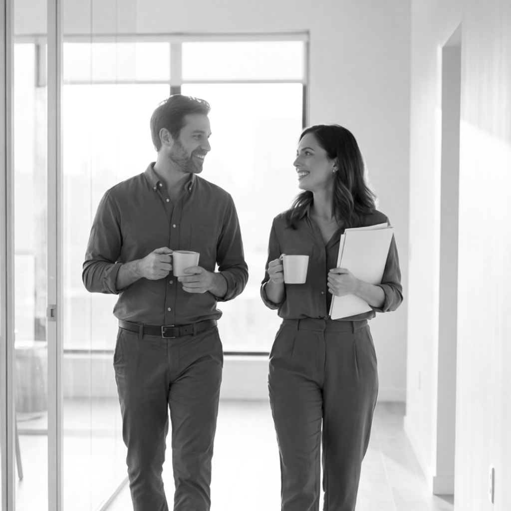 two people walking down a hallway