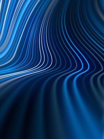 Curving lines in various shades of blue create a flowing wave pattern against a dark background.
