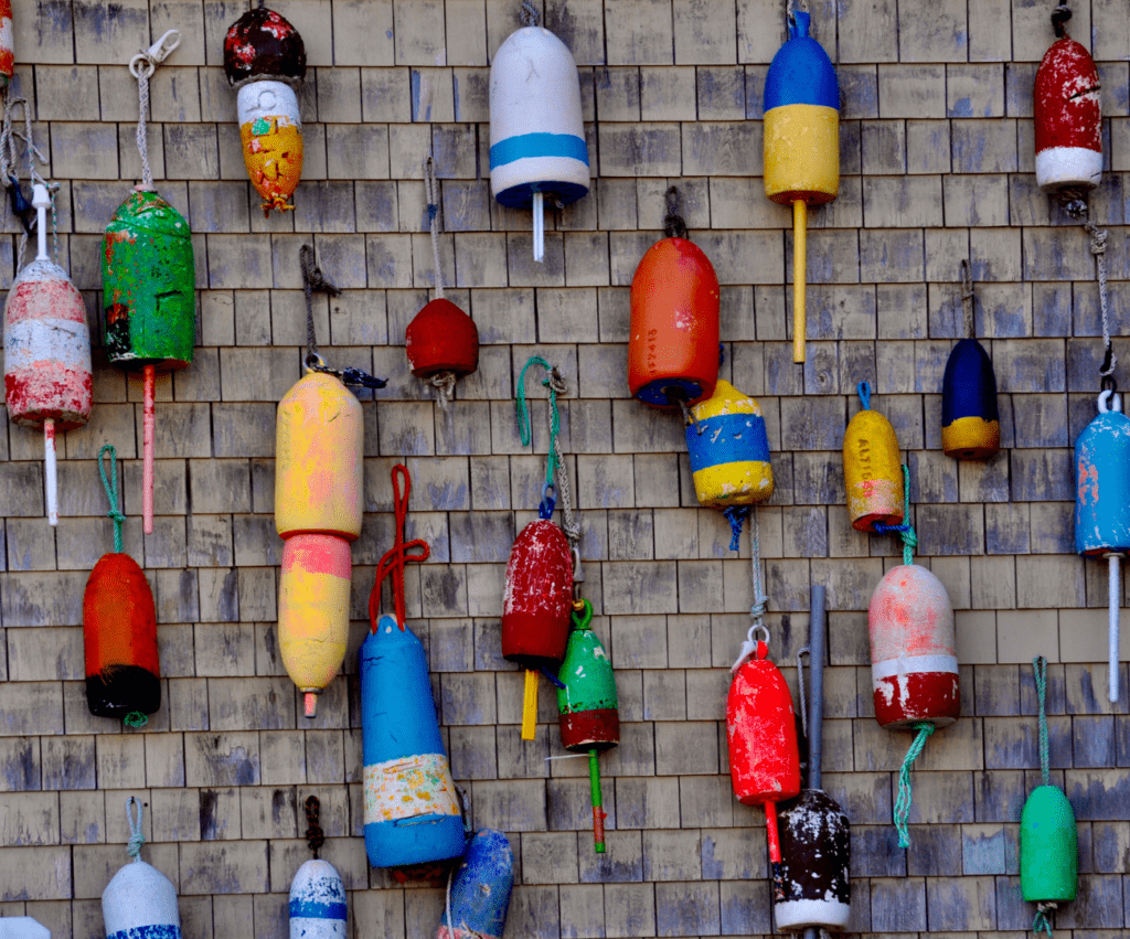 colorful buoys on a wall